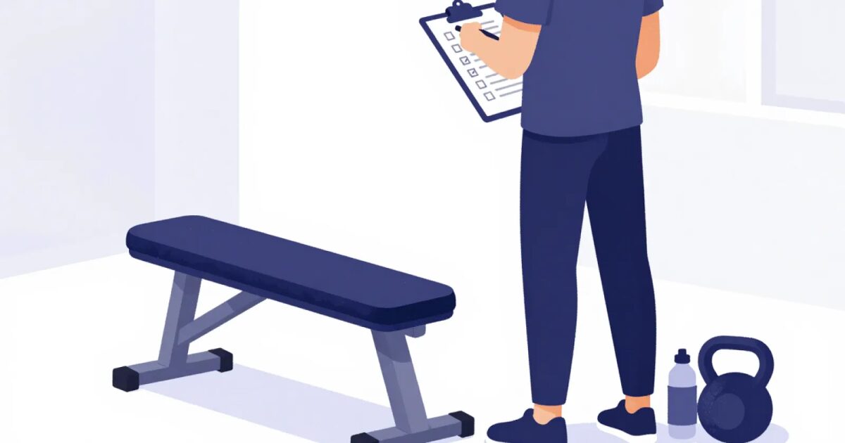 A personal trainer seen from behind holding a clipboard with check marks beside a gym bench
